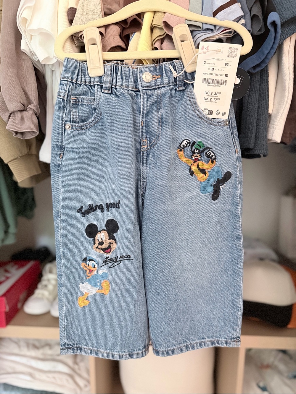 Zara Disney Kids' Light Blue Denim Baggy Pants with Mickey & Friends Embroidery